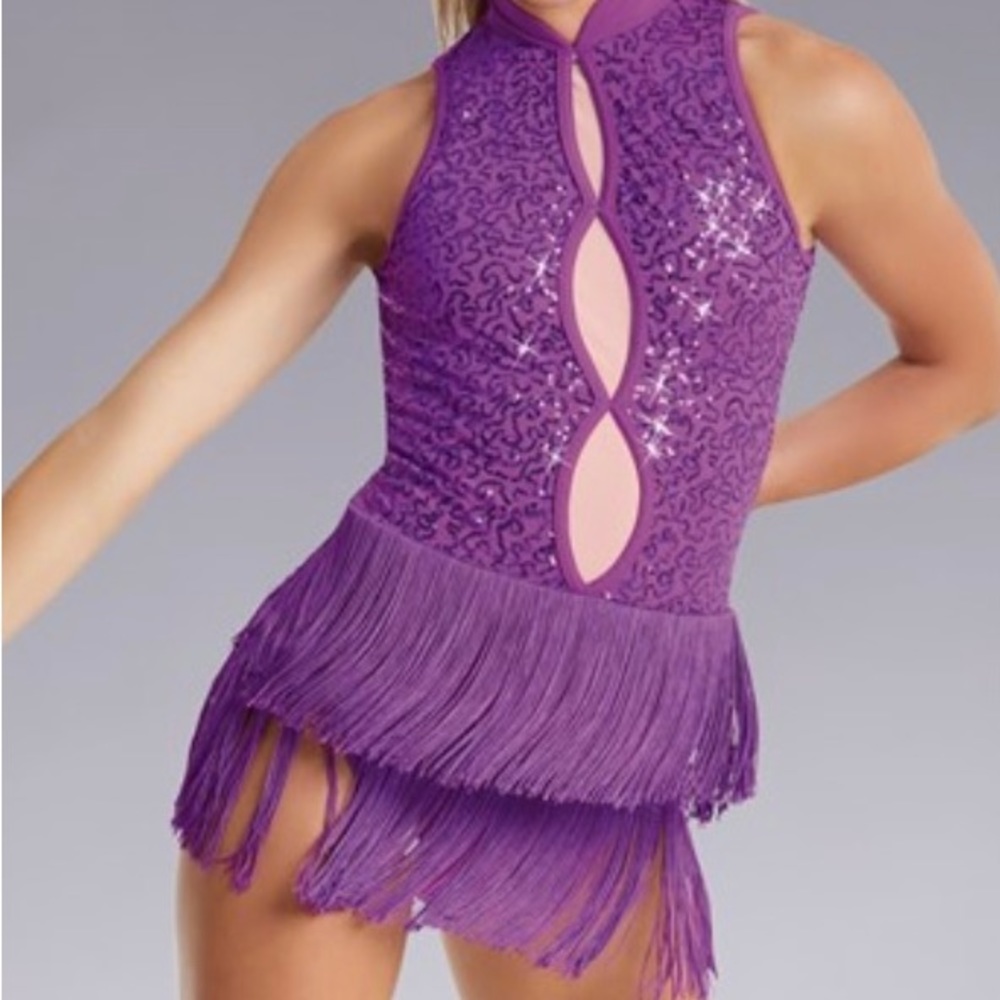 Balera Performance keyhole front fringe dance costume, size SA, purple